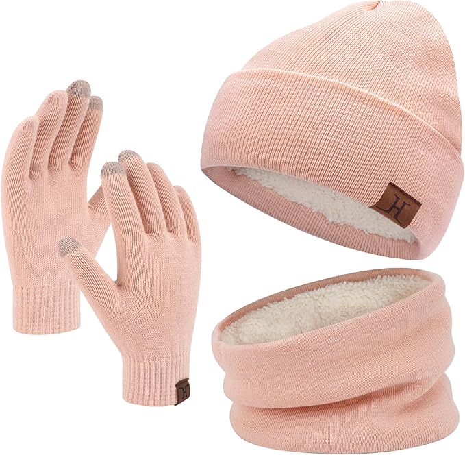 Winter Beanie Hat Scarf Touchscreen Gloves Set for Men and Women, Beanie Gloves Neck Warmer Set with Warm Knit Fleece Lined