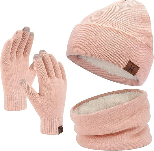 Winter Beanie Hat Scarf Touchscreen Gloves Set for Men and Women, Beanie Gloves Neck Warmer Set with Warm Knit Fleece Lined