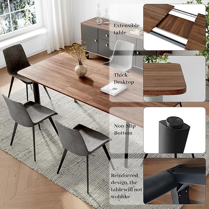 63"- 78.7" Extendable Dining Table Set for 6, Modern Kitchen Table with 6 PU Leather Chairs, Thickened Expandable MDF Wooden Table with Metal Legs for Dining Room, Kitchen, Living Room