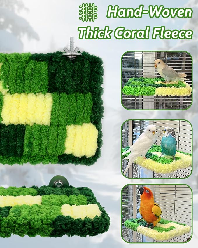 Warm Coral Fleece Bird Perch, Soft & Gentle for Sensitive Feet | Hanging Flat Resting Platform with Sturdy Frame, Secure Foot Grip, Spacious Perch for 1-2 Birds, Budgies & Cockatiels