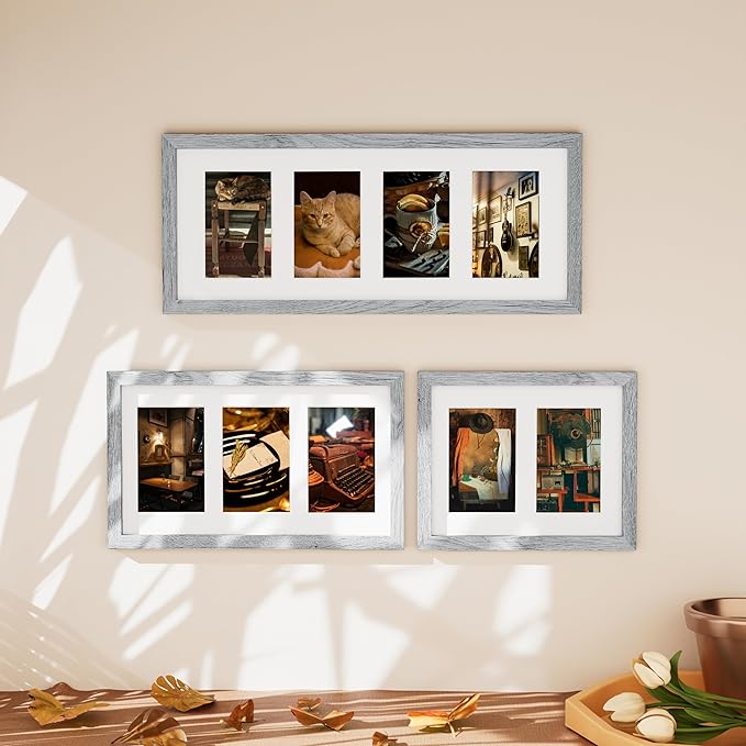Vittanly 8x10 Collage Picture Frame, Displays 2Pcs 4x6 Pictures with Mat or 1Pcs 8x10 without Mat, Photo Frame for Wall Mounting or Table Top with Stand, Grey, 1 Pack