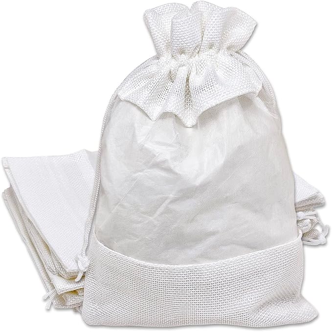12-Pack Large Linen Burlap & Organza Gift Bags w. Drawstrings (6.5x8.5 in, White) - Party Favors, Presents, Samples & Treats Mesh Pouch by The Display Guys