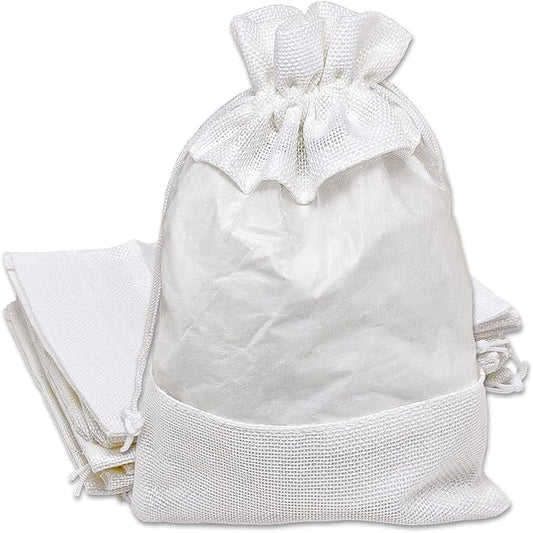 12-Pack Large Linen Burlap & Organza Gift Bags w. Drawstrings (6.5x8.5 in, White) - Party Favors, Presents, Samples & Treats Mesh Pouch by The Display Guys