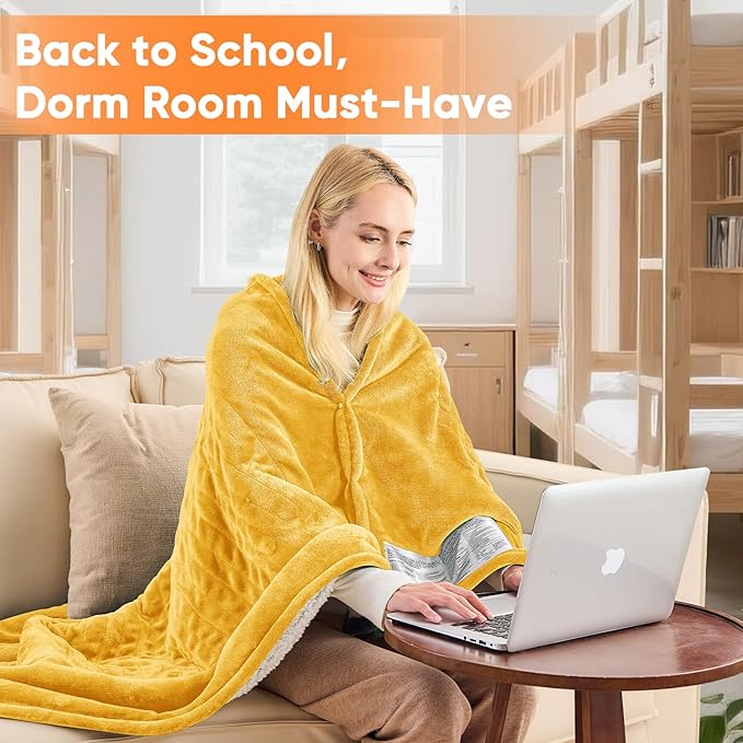 greenoak Heated Blanket Electric Throw 50"X60", Heating Blankets with 10 Heat Levels 8 Hours Auto-Off, Soft Flannel Sherpa Fluffy House Warming Gifts for Grandma Seniors Mom,Ginger Yellow