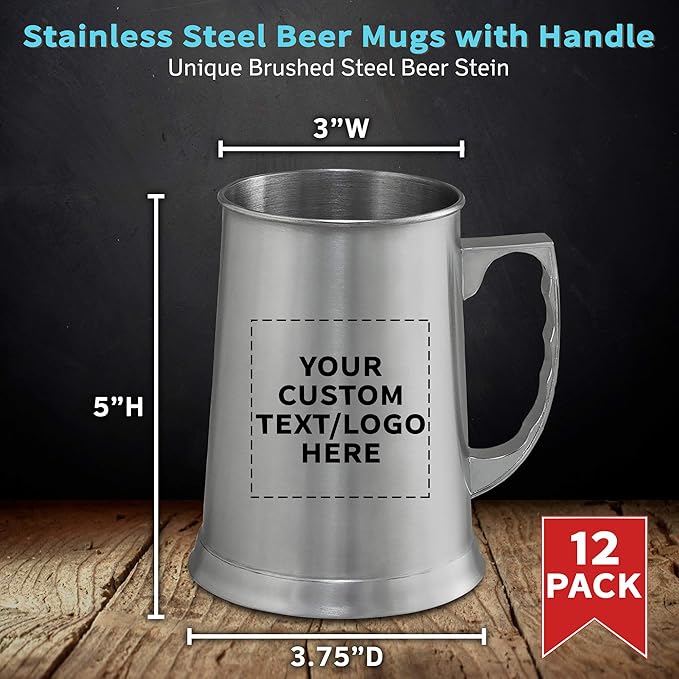 Custom Stainless Steel Beer Stein Mug 13.5 oz. Set of 12, Personalized Bulk Pack - Great for Restaurant, Brewery, Pub - Silver