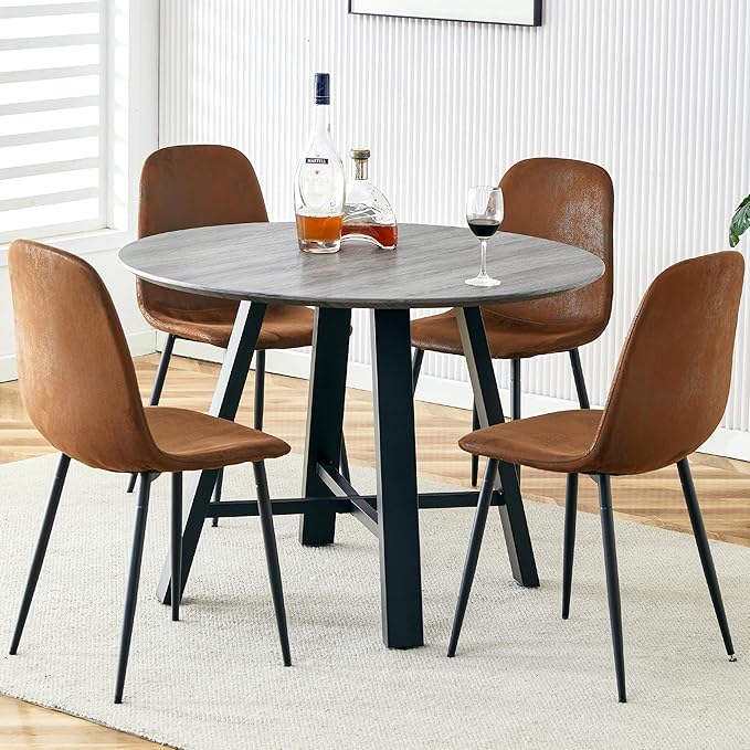 Modern Round Dining Table & Chairs Set for 4, 42" Wood Table with Upholstered Brown PU Leather Chairs for Kitchen, Dining Room & Small Spaces