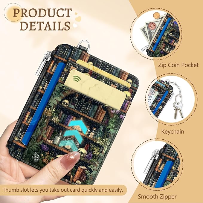 Kelvoris Credit Card Holder Small Wallet Women, Slim RFID, Goth Bookshelf | Keychain, Zipper Coin Pocket, Front Pocket Thin Travel Card Case, Minimalist, 6 Card Slots, 1 ID Window, Ladies Gifts Woman