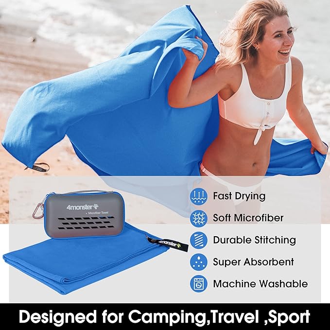 4Monster Quick Dry Travel Towel with Case & Carabiner – Super Absorbent Microfiber Gym & Camping Towel. Compact, Lightweight, Fast Drying for Beach, Swimming, Hiking, Backpacking