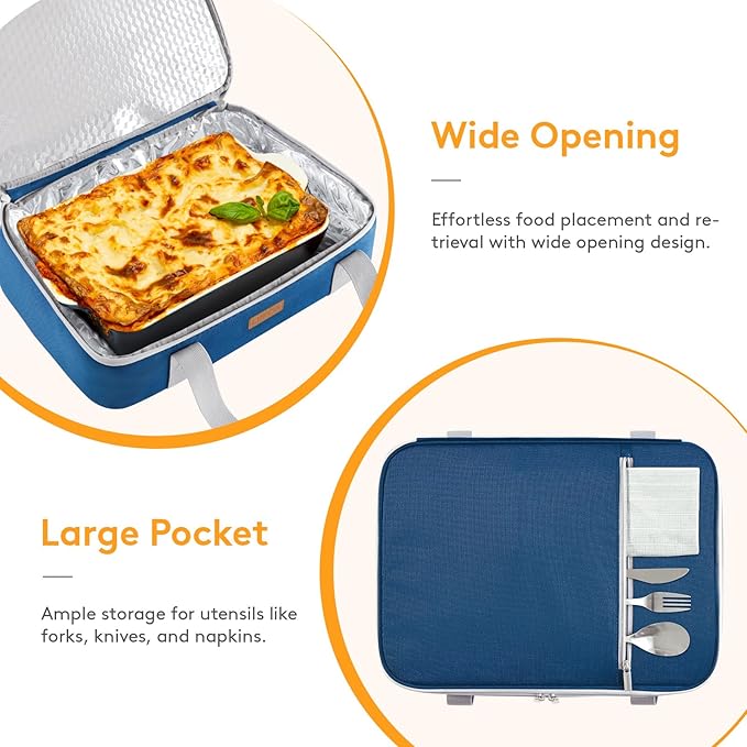LUNCIA Insulated Single Decker Casserole Carrier, Lasagna Lugger Tote Keeps Food Hot or Cold, Thermal Lunch Bag for Potluck Parties, Picnic and Cookouts, Fits 9" x 13" Baking Dish, Pure Blue