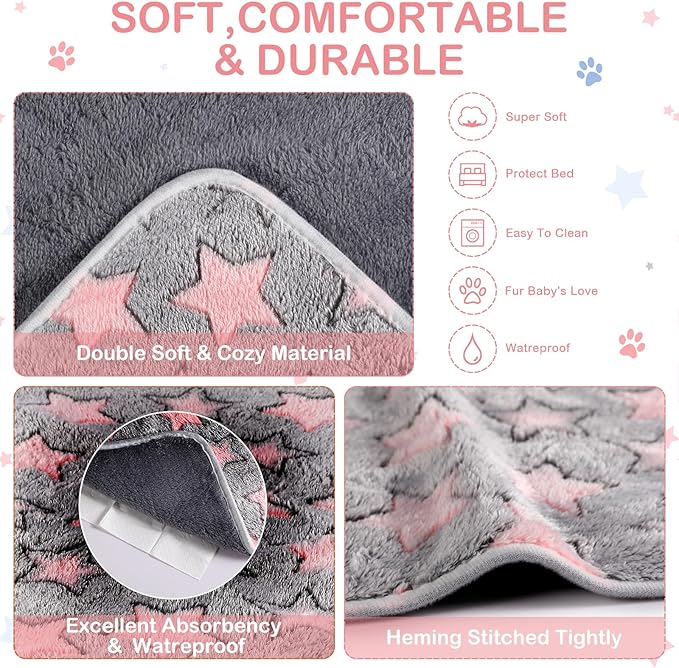 Reginary 4 Pcs Guinea Pig Fleece Blankets, Cute Star, 24 x 47 Inch | Waterproof Washable Cage Liners, Absorbent Double Layer Bedding for Guinea Pigs, Reusable Pads for Hamsters Rabbits