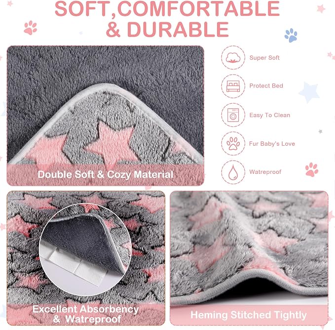 Reginary 4 Pcs Guinea Pig Fleece Blankets, Cute Star, 24 x 16 Inch | Waterproof Washable Cage Liners, Absorbent Double Layer Bedding for Guinea Pigs, Reusable Pads for Hamsters Rabbits