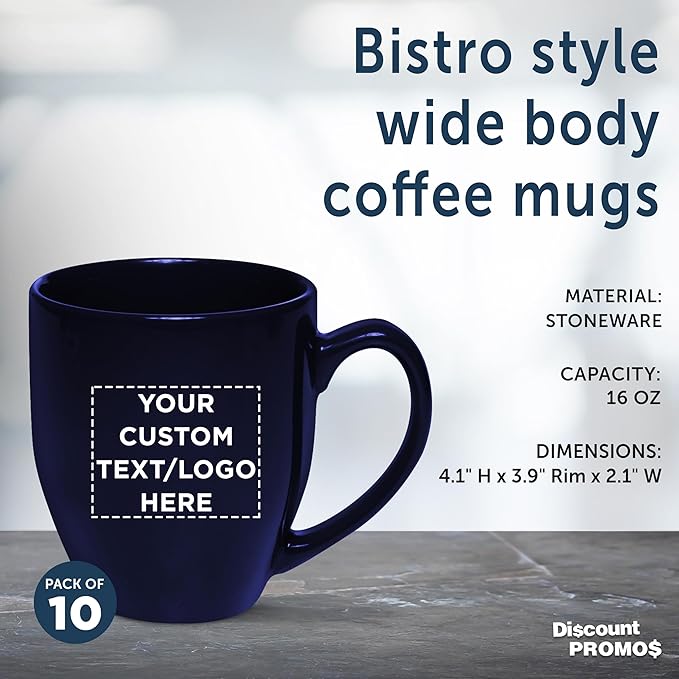 Custom Large Coffee Cups 16 oz. Set of 10, Personalized Bulk Pack - Perfect for Tea, Espresso, Cappuccino, Hot Cocoa - Blue