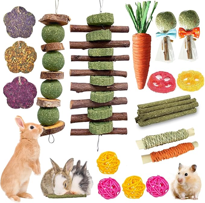 Jorewood 21 Pcs Rabbit Chew Toys for Teeth, Natural Bunny Toys Peach Wood Grass Timothy Sticks Chew and Treat for Guinea Pigs Hamster Chinchillas and Other Small Pets
