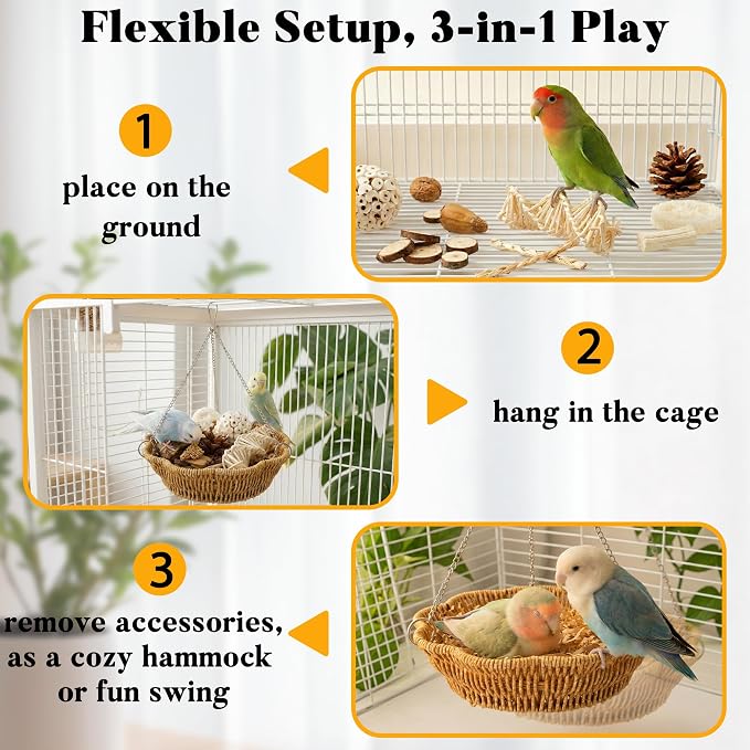 20Pcs Bird Foraging Toy Set with Hanging Basket, Natural Shredding | Chew Enrichment Toys for Parrots Cockatiels, Budgies, Parakeets, Cage or Floor Puzzle Foraging Toys for Mental Stimulation