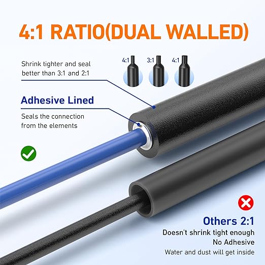 TKDMR 446 Pcs Heat Shrink Tubing Kit - 4:1 Ratio Adhesive Lined, Marine Grade Shrink Wrap - Industrial Heat Shrink Tubing,Black