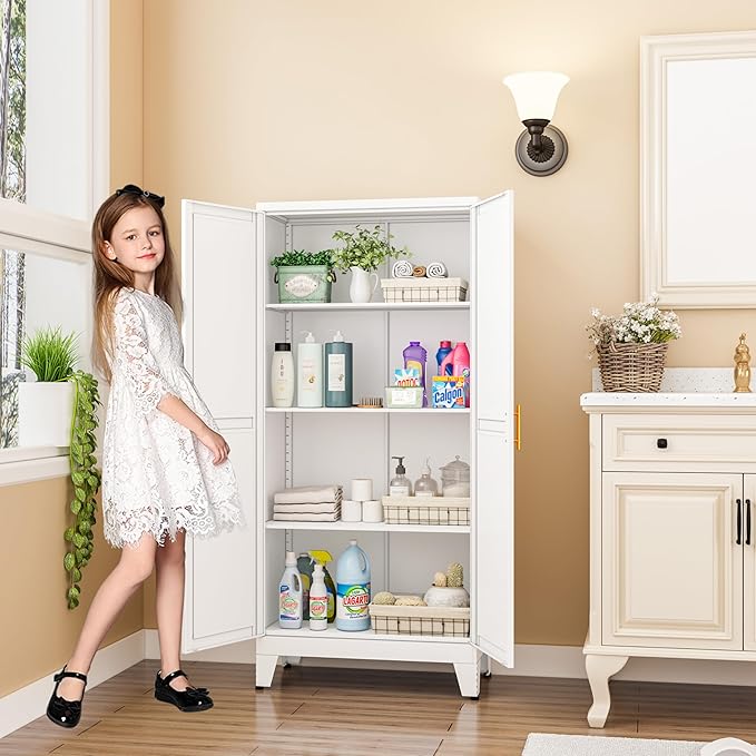 GAIOUS Metal Pantry Cabinet, Kitchen Pantry Storage Cabinets with 2 Door and 3 Adjustable Shelves, White Kitchen Pantry Cabinet, Freestanding Cupboard for Dining Room Living Room Bathroom
