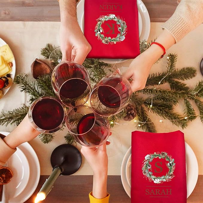 Custom Christmas Kitchen Towels Square Personalized Initial Name Wreath Hand Towels Christmas Tea Dish Towel Kitchen Decor Gifts for Family Red 17.7×17.7INCH