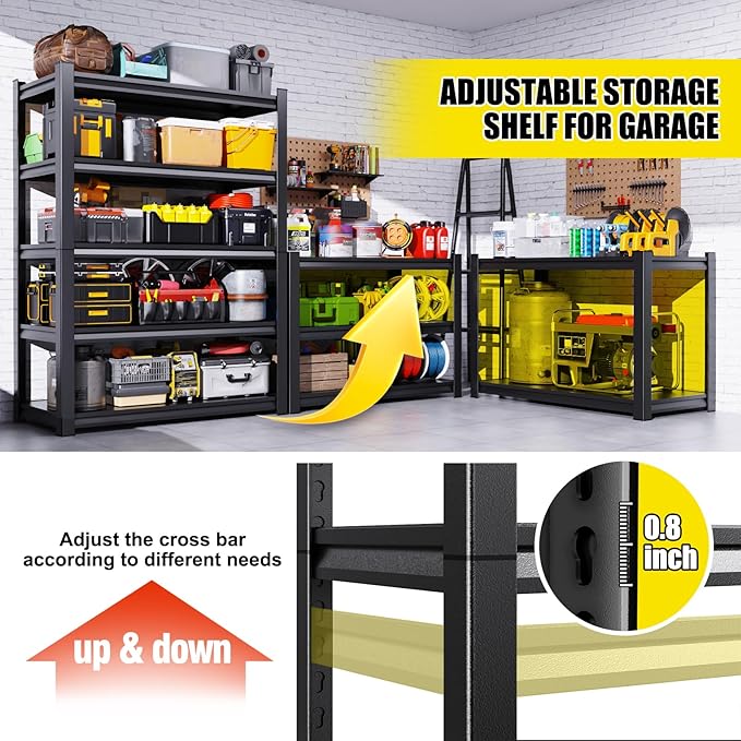 46" W Heavy Duty Garage Shelving - 5 Tier Metal Storage Shelves (2500 LBS Total Capacity), Adjustable Steel Utility Rack for Pantry, Warehouse, Basement, Shop - 71.2" Hx46 W x 20" D,Black