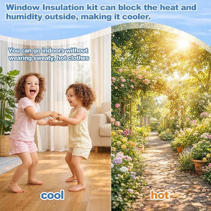 47 x 63 Inch Adjustable Window Insulation Kit for Summer Heat Cuttable Window Plastic Keep Warm in Winter Cool in Summer Transparent Film with Adhesive Straps Reusable Winterizing Cover
