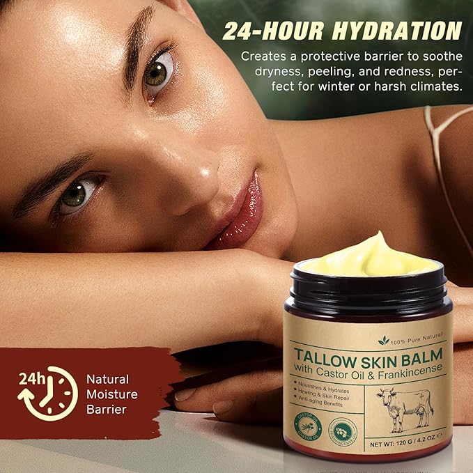 Handmade Tallow, Organic Castor Oil, and Frankincense Oil Face Balm, 100% Grass-Fed Tallow for Skin Care, Face & Body Moisturizer for Sensitive Skin & Dry Skin Age Defying, Natural Lotion