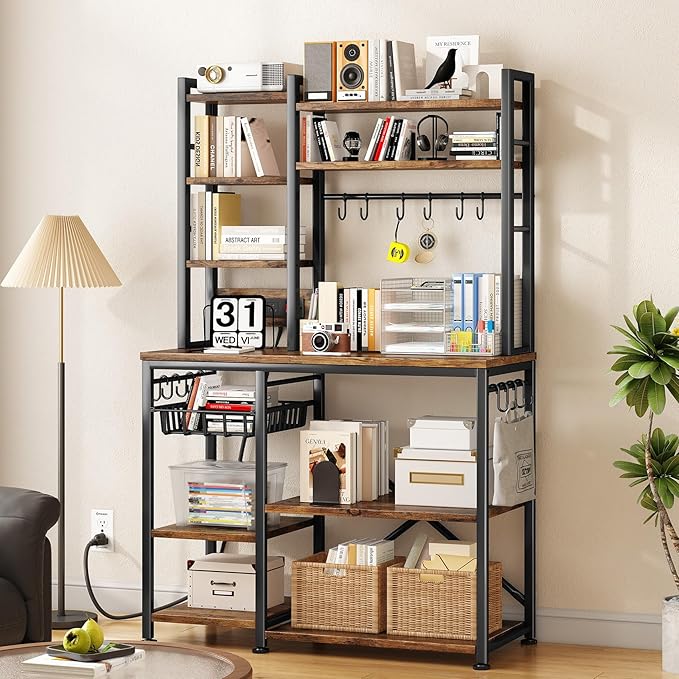 SNTD Baker Rack with Power Outlet - Microwave Stand with Storage, Large Coffee Bar Station with 14 Hooks, Metal Kitchen Shelf Rack for Spices, Pots (Rustic Brown) | with Power Outlet, with Storage, with 14 Hooks, for Spices, for Pots