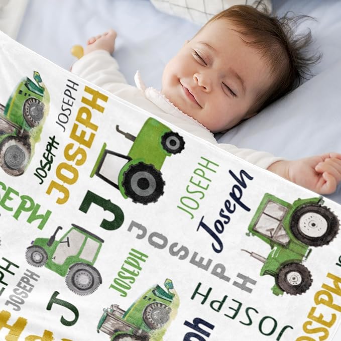 Personalized Tractor Blanket with Name for Baby Boys, Custom Name Blanket Trucks for Kid, Soft Flannel Toddler Blankets Customized Gift for Newborn Baby Shower Birthday-60 x80