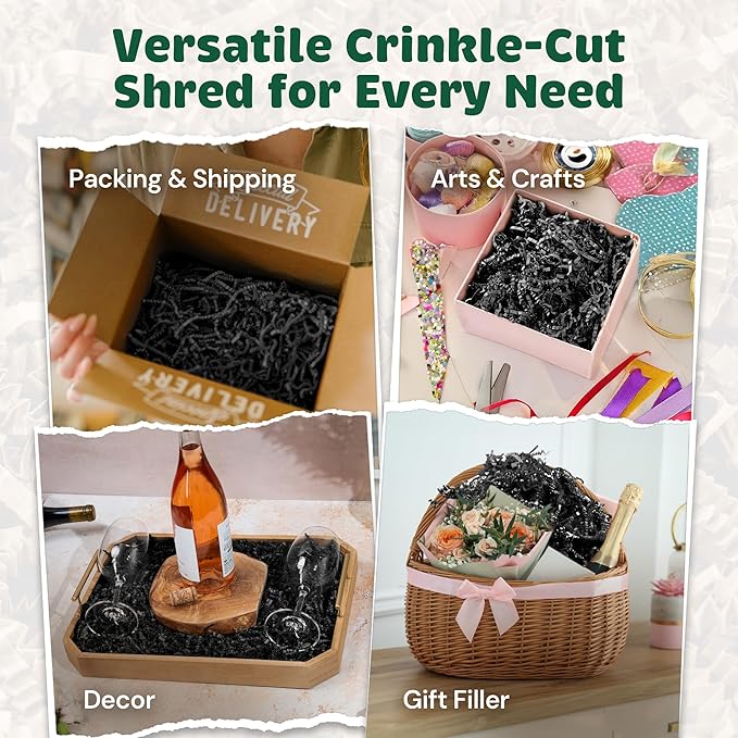 USA Made Crinkle Cut Paper Shred Filler Great for Shipping Packages, Gift Wrap, Basket Filling and All Other Occasions 8 OZ Black