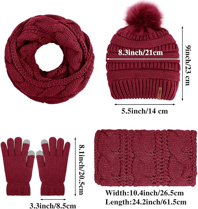 Aneco Womens Winter Warm Sets Knitted Fur Pompoms Beanie Hat Circle Loop Scarf Touch Screen Gloves Winter Favor Accessories