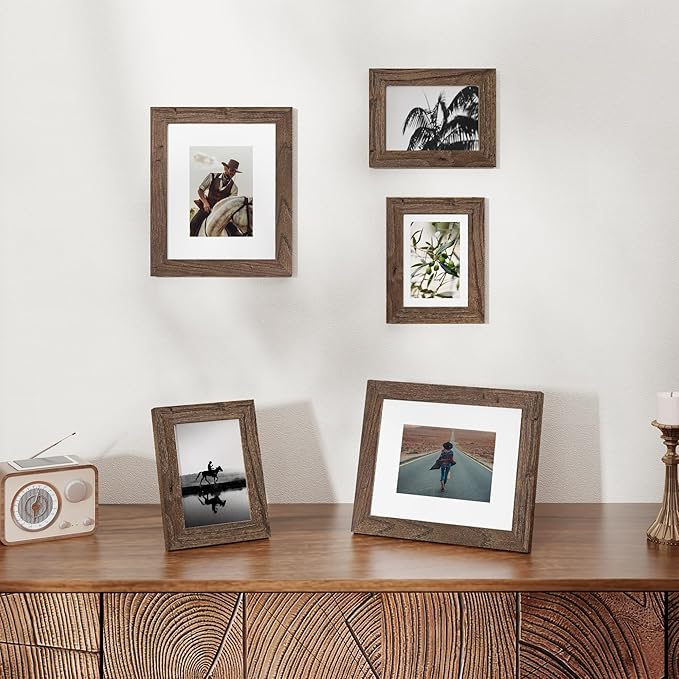 Fun Memories 8x10 Picture Frame with Mat for 5x7 Photo, Solid Elm Wood & Tempered Glass, Rustic Wall & Tabletop Display Frame, Walnut, 1 Pack