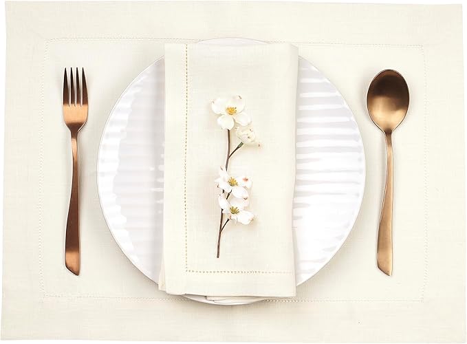D'Moksha Homes Linen Placemats Set of 4 - Classic Hemstitch Ivory Placemats 14 x 19 Inch - 100% Pure Linen Table Mats for Fall, Thanksgiving, Christmas, Holiday - Handcrafted and Machine Washable