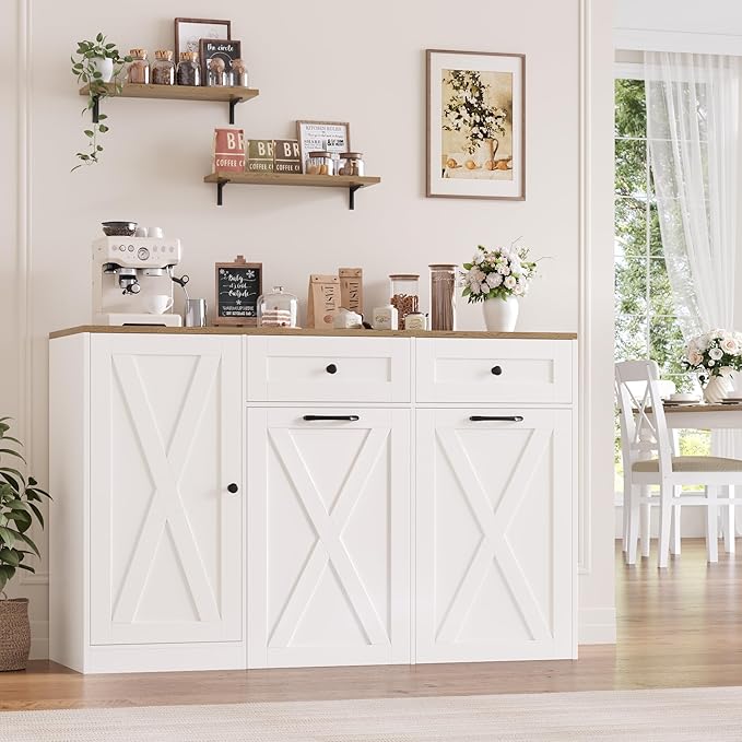 HOSTACK 12.5 Gallon Kitchen Trash Cabinet, 47" Double Trash Can Cabinet, Large Pull Out Can Storage Drawers, Wood Farmhouse Hidden Garbage Storage Buffet for Kitchen, Dining Room, White