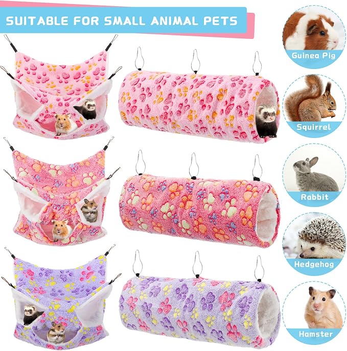 Sweetude 6 Pcs Hammock Tunnel Set for Small Pets,Dreamy,Paw | 3 Tier Hanging Hideout, Guinea Pig Hamster Chinchilla Ferret, Soft Plush Cage Accessories for Sleep Play and Rest