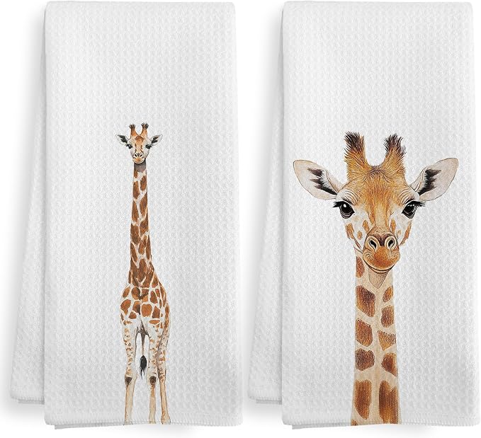Funny Giraffe Kitchen Towels and Dishcloths Sets of 2, Giraffe Decor Gifts for Women, Woodsy Rustic Cabin Safari Jungle Nursery Home Decor Dish Hand Tea Towels for Bathroom Kitchen,16x24In