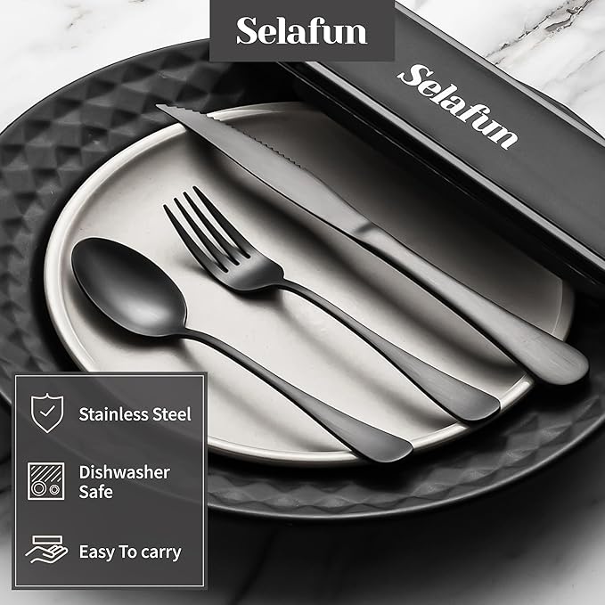 5-pieces Travel Set with Case Portable Silverware Utensils Set for work, Stainless Steel Reusable Flatware Set Cutlery Set for Camping Picnic Hiking Office, (matte black, 5.9)