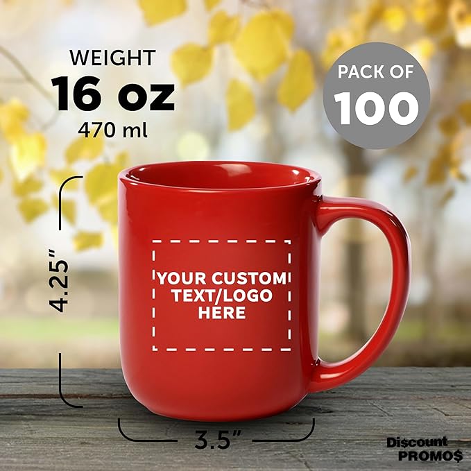 DISCOUNT PROMOS Custom Vibrant Color Glossy Ceramic Mugs 16 oz. Set of 100, Personalized Bulk Pack - Perfect for Tea, Espresso, Cappuccino, Hot Cocoa - Red