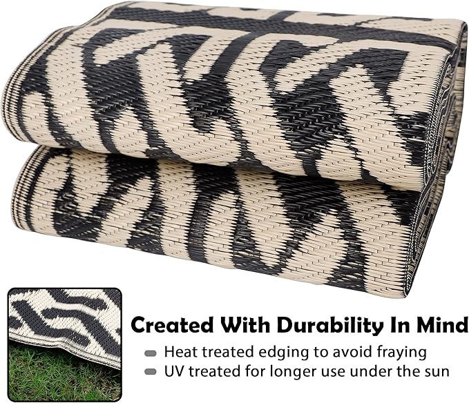 SAND MINE Reversible Mats, Plastic Straw Rug, Modern Area Rug, Large Floor Mat and Rug for Outdoors, RV, Patio, Backyard, Deck, Picnic, Beach, Camping, Trailer, Black & Beige, 5' x 8'