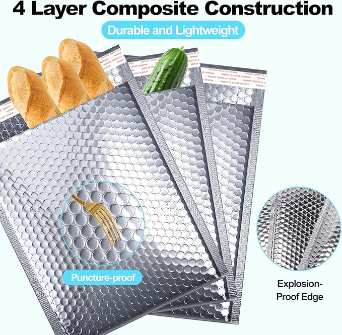 25 PCS Metallic Bubble Mailers,11 x 15 Inches Thermal Bubble Mailer,Insulated Mailers for Cold Shipping,Waterproof Insulated Shipping Envelopes for Food, Cosmetics(Sliver)