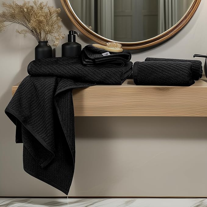 Tens Towels Pack of 6 Zero Twist Towels Set, 2 Bath, 2 Hand, 2 Waschloths, 100% Cotton, Light Weight, Extra Absorbent, Exceptional Softness, Perfect for Bathroom (Black)