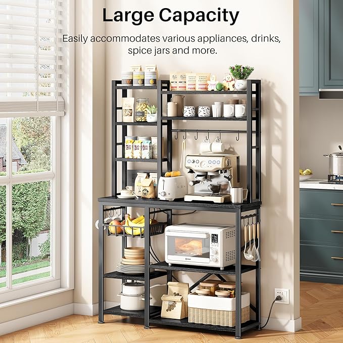 SNTD Baker Rack with Power Outlet - Microwave Stand with Storage, Large Coffee Bar Station with 14 Hooks, Metal Kitchen Shelf Rack for Spices, Pots (Rustic Black)