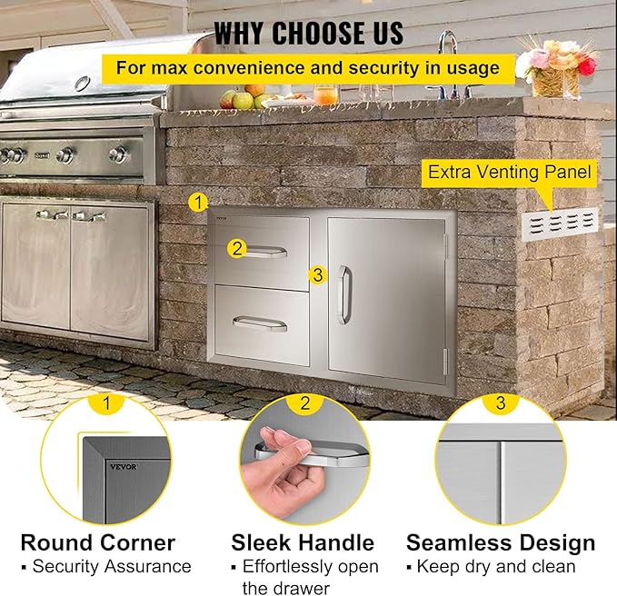 VEVOR Outdoor Kitchen Door Drawer Combo, 32.5" W x 21.6" H x 20.5" D, Access Door/Double Drawers with Paper Towel Rack, Stainless Steel Handles for BBQ Islands
