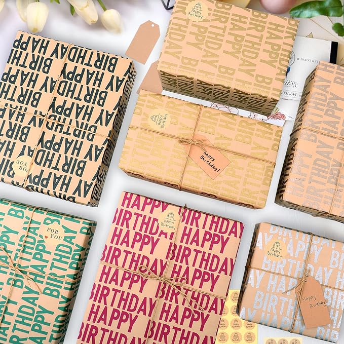 Birthday Wrapping Paper Set, 6 Sheets Kraft Brown Recycled Gift Wrapping Paper with Stickers, Gift Wrapping Paper with Happy Birthday Pattern Design for Kids Girls Women Boys Men Adults, 20×28 inches