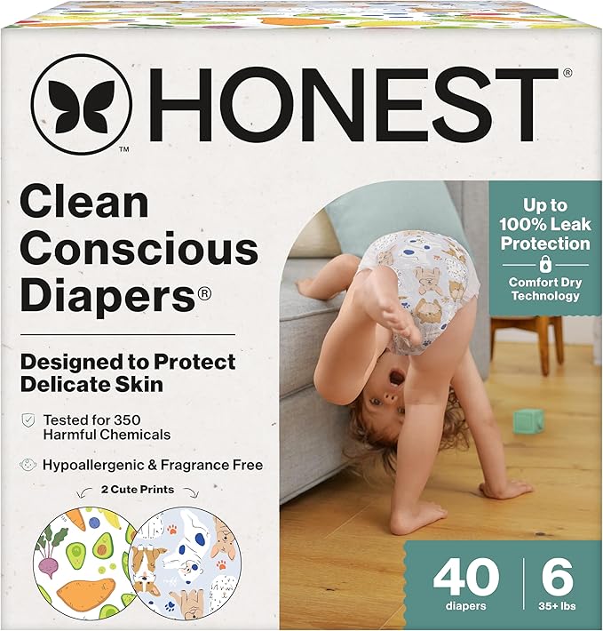 The Honest Company Clean Conscious Diapers for Delicate Skin | Up to 100% Leakproof | Hypoallergenic, Fragrance Free | Gender Neutral | Club Box, Size 6 (35+ lbs), 40 Count (Prints May Vary)