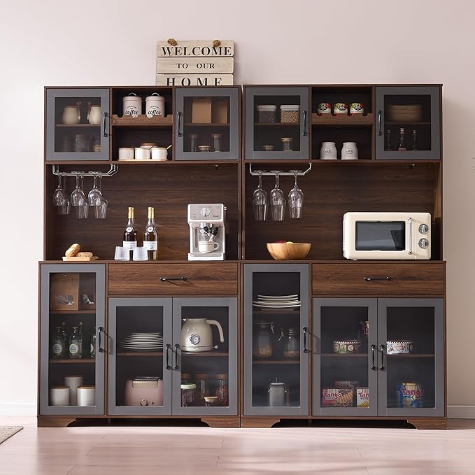 Fatmok 71" Pantry Cabinet with Wine Rack and Charging Station, Set of 2 Tall Coffee Bar Cabinets with LED Lights, Drawer, Adjustable Shelves, Kitchen Hutch Storage, Rustic Brown