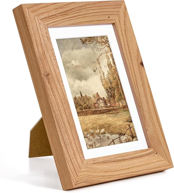 Fun Memories 5x7 Picture Frame with Mat for 4x6 Photo, Solid Elm Wood & Tempered Glass, Rustic Wall & Tabletop Display Frame, Natural, 1 Pack