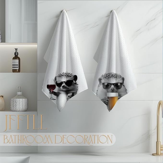 Funny Hedgehog Kitchen Towels Set of 2, Funny Kitchen Decor, Wine Station Wine Bar Decor, Black and White Hedgehog Owner Gift Hand Towel, Dining Room Decorative Tea Towel Dish Towels 16x24 Inch