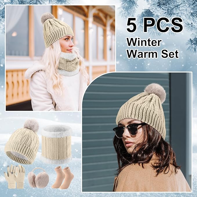 SATINIOR 5 Pcs Winter Hat Scarf Gloves Set Fleece Warm Lined Knit Beanie Hat Touch Screen Earmuff Gloves Warmer for Women(Beige,Fresh Style)