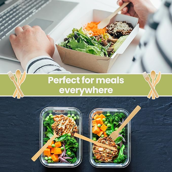 Disposable Bamboo Cutlery Set - 250 PCS Bamboo Utensil Set with 100 Compostable Forks, 100 Spoons, and 50 Knives - Disposable Cutlery Set for Outdoor, Party, Camping & More