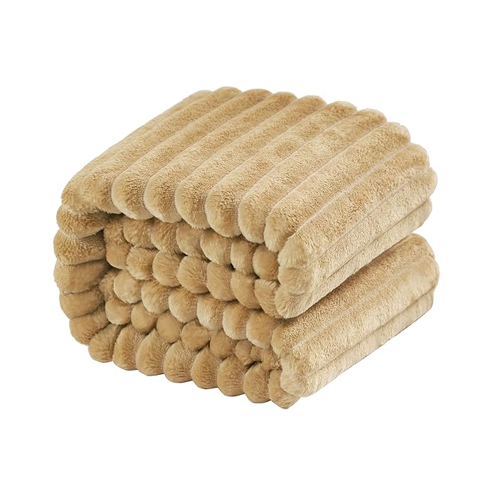 NTBAY Plush Flannel Twin Bed Blanket, 60x80 Inches Soft and Warm Lightweight Blanket with Striped Texture for Couch, Sofa, All Seasons, Khaki