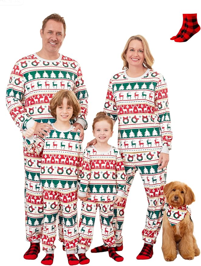 PATPAT Christmas Family Matching Pajama Sets Includes Christmas Socks - Perfect for Family Photos & Holiday Celebrations