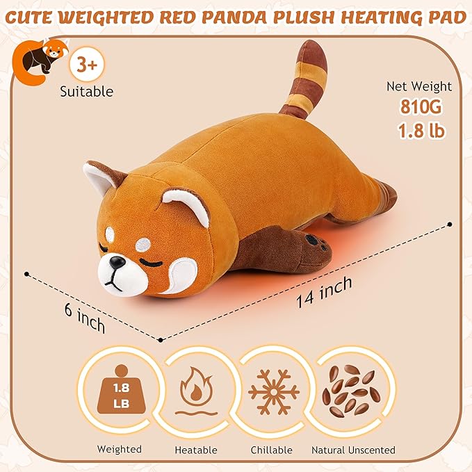 1.8lb Red Panda Stuffed Animals Plush Microwavable Heating Pad-14''Red Panda Heating Pads for Cramps &Period Pain Relief, Heatable & Coolable Stuffed Animals Bedtime Birthday Gift for Women Kids